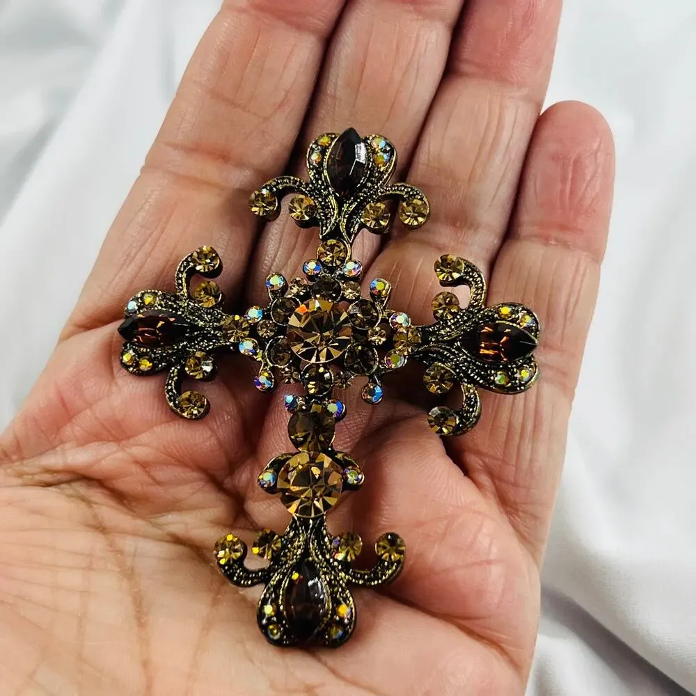 Gothic Cross Pendant Brooch Amber Rhinestone Antiqued Gold Tone Fleur de Lis